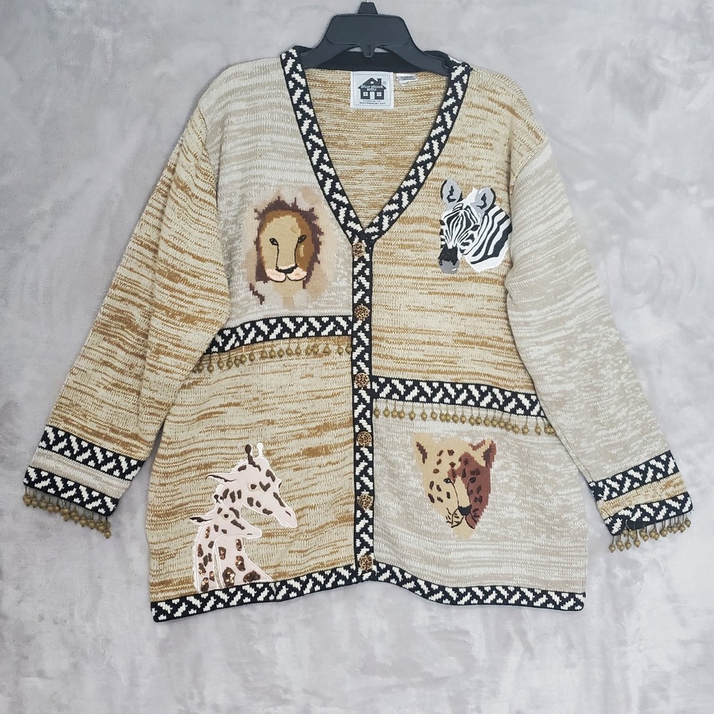 VTG Storybook Knits Safari Cardigan Sweater Women's 2XL Tan Embroidered Lion NEW